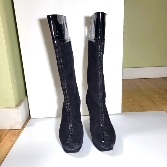 Ysl yves saint laurent platform suede leather knee high stiletto boots black  7 - Picture 3 of 15